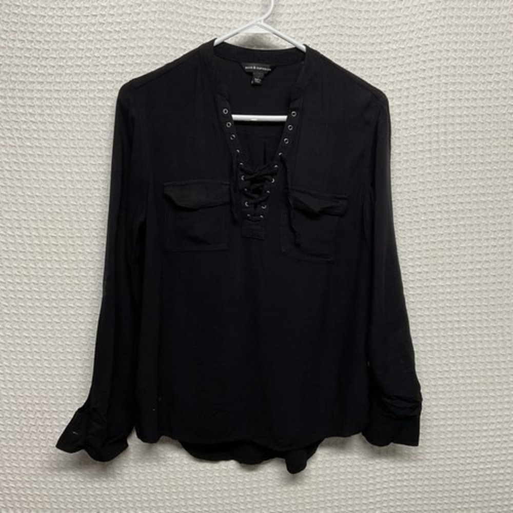 Rock Republic Black Long Sleeves Hi Low‎ Hem Lace Up V-Neck Blouse Top Women S